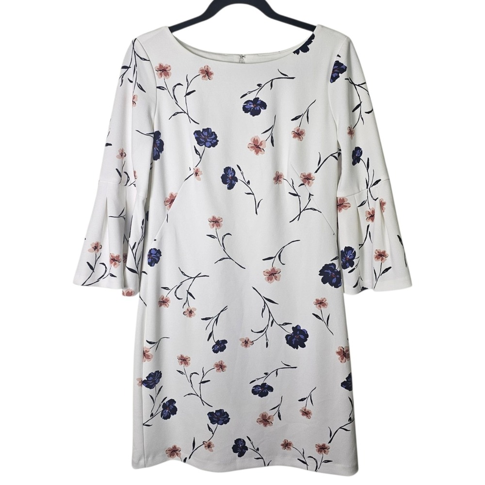 NWT Ralph Lauren 10 White Floral Shift Dress Knee Length 3/4 Bell Sleeve Preppy
